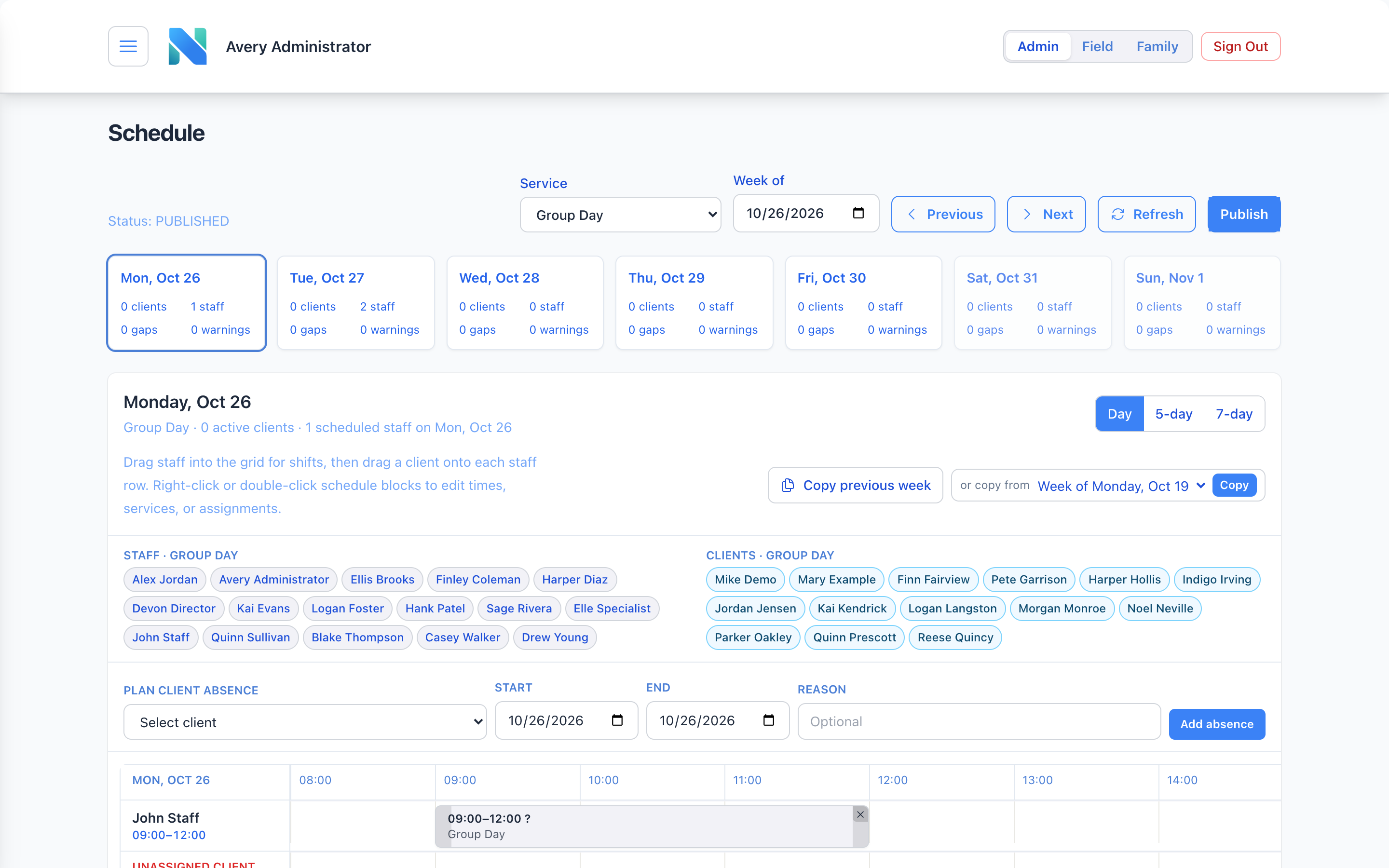 Nimbus EHR weekly schedule dashboard mockup